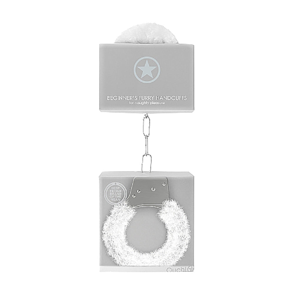 Ouch! Beginner''s Furry Handcuffs With Quick-Release White White furry Ouch handcuffs hanging beneath gray retail box