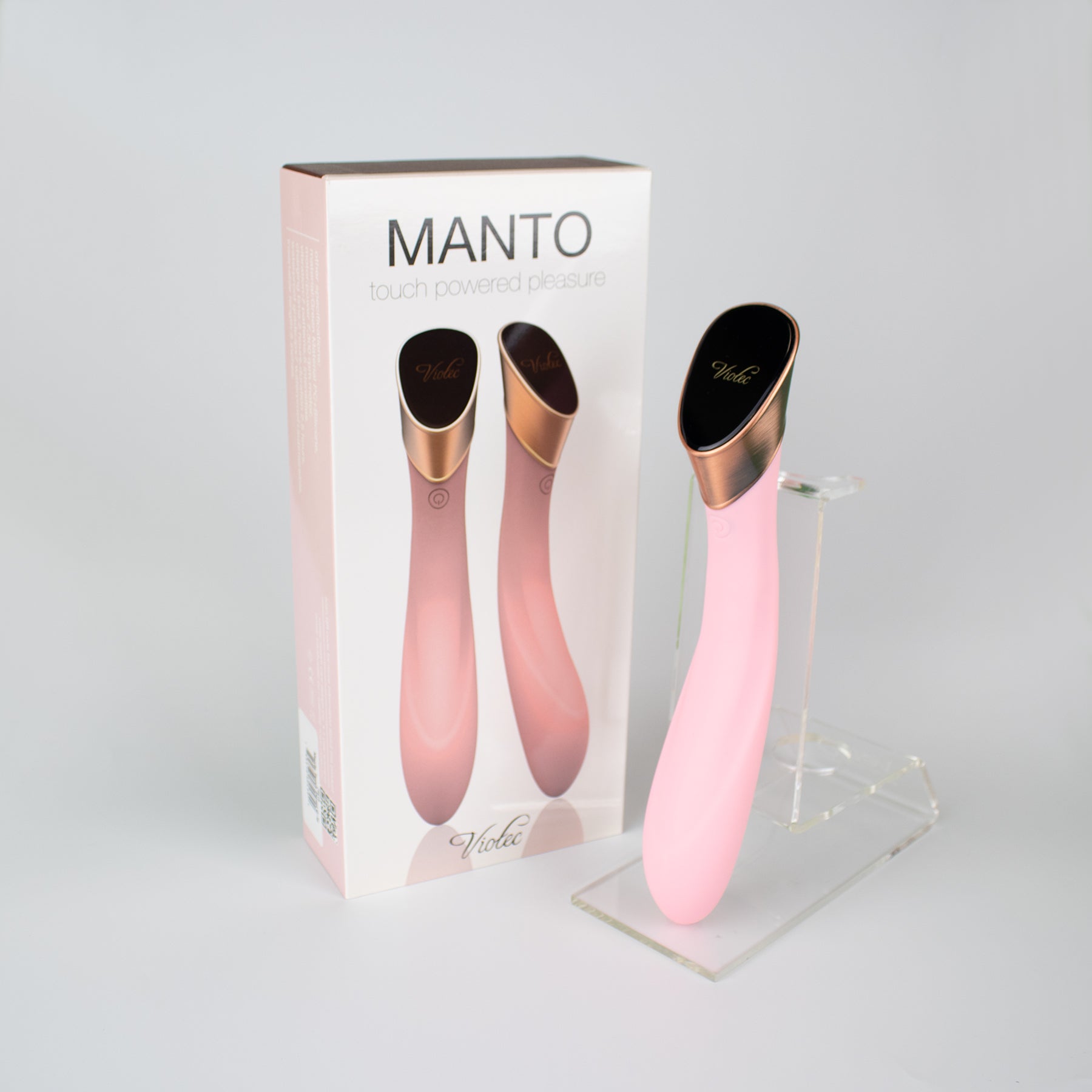 Manto Touch Panel G-Spot Vibrator Pink Light pink Viotec Manto vibrator beside retail box and stand
