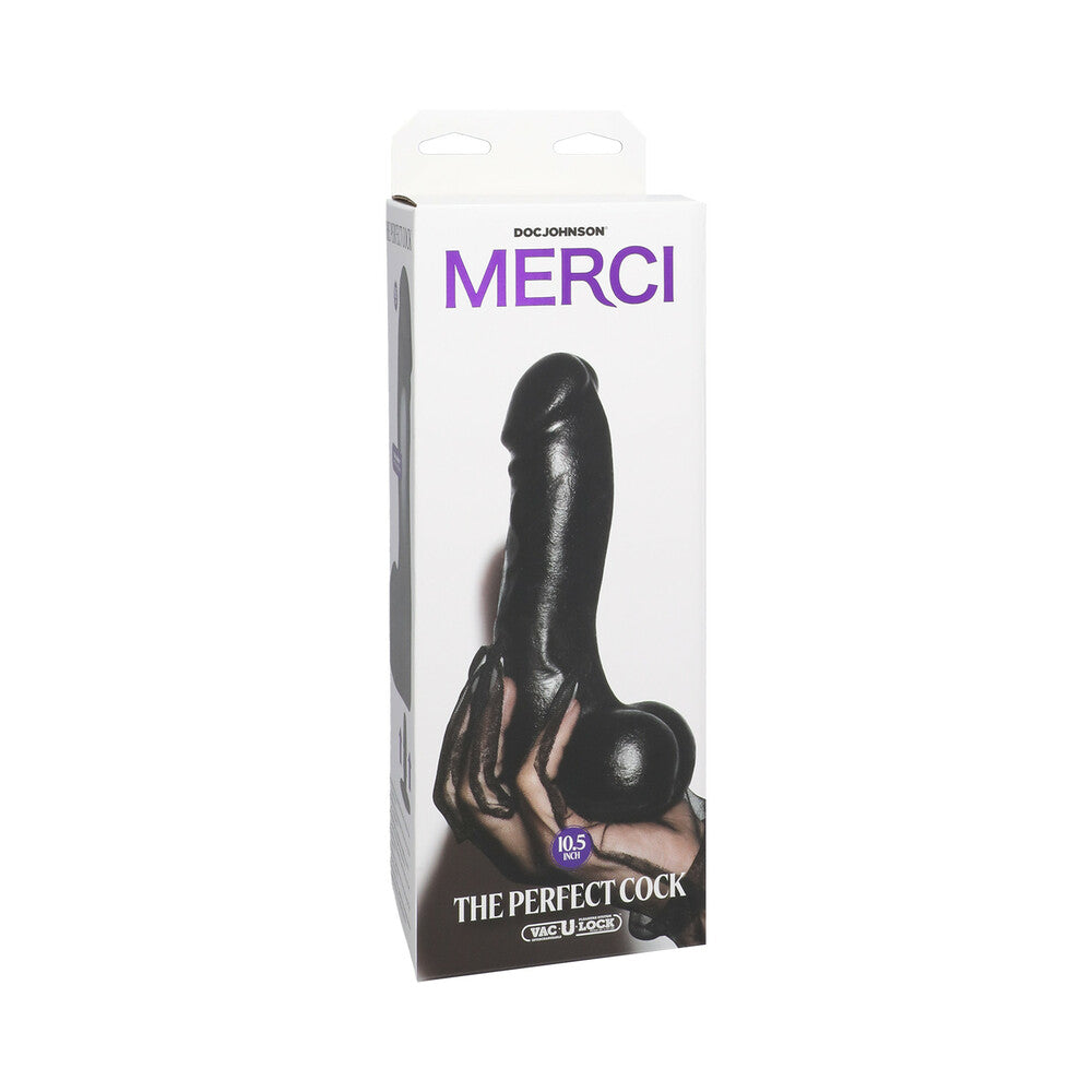 Merci The Perfect Cock 10.5 in. Dildo with Removable Vac-U-Lock Suction Cup black Merci Perfect Cock 10.5-inch dildo in tall white retail box