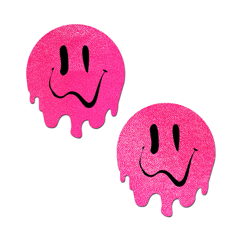 Pastease Neon PInk Melted Smiling Face Nipple Pasties pair of neon pink glitter melting smiley nipple pasties with black faces