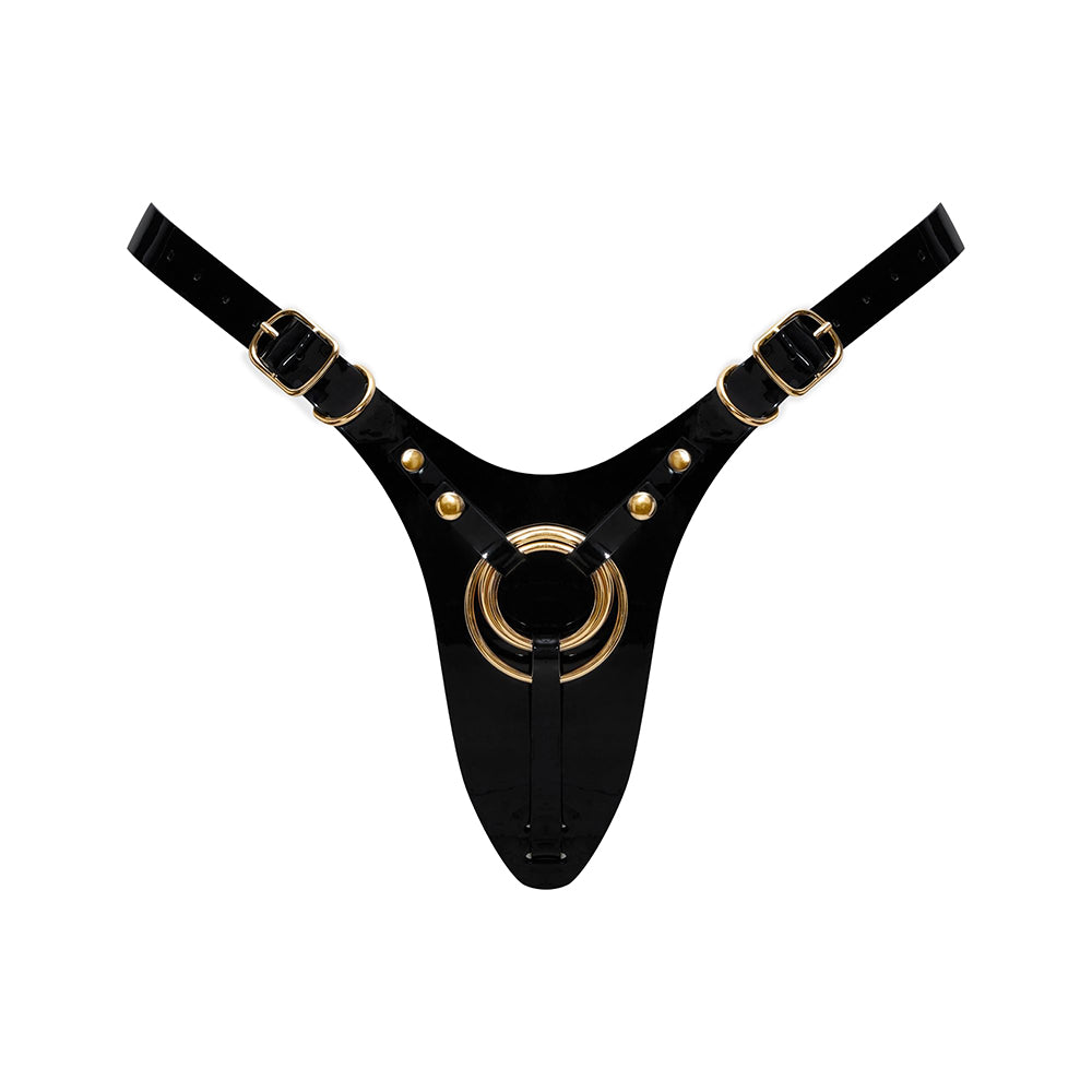 Strap-On-Me Leatherette Harness Fabulous One Size Black Glossy Glossy black Strap-On-Me harness with gold-tone rings and buckles