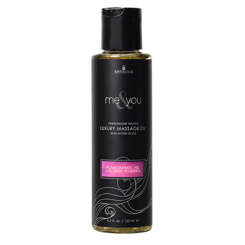 Sensuva Me & You Pheromone-Infused Luxury Massage Oil Pomegranate, Fig, Coconut, Plumeria 4.2 oz. Sensuva Me and You Pomegranate Blend Oil black 4.2-ounce bottle with pink scent label