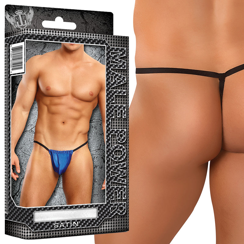 Male Power Satin Lycra Posing Strap (One Size) Underwear Male Power package and front-rear model views of royal blue satin posing strap