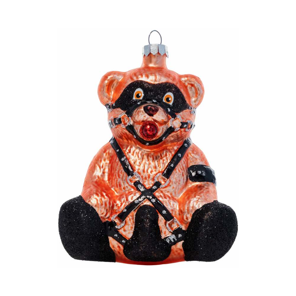 Cheeky Pornament Ready Teddy Brown Ready Teddy glass ornament with black mask and harness details
