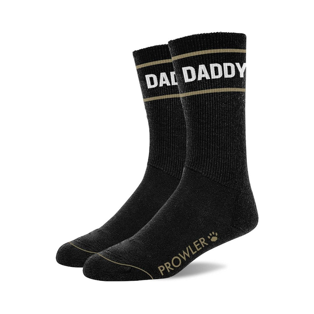 Prowler RED Daddy Socks Prowler RED Daddy black cotton crew socks pair with white DADDY cuff lettering and gold-tone sole branding