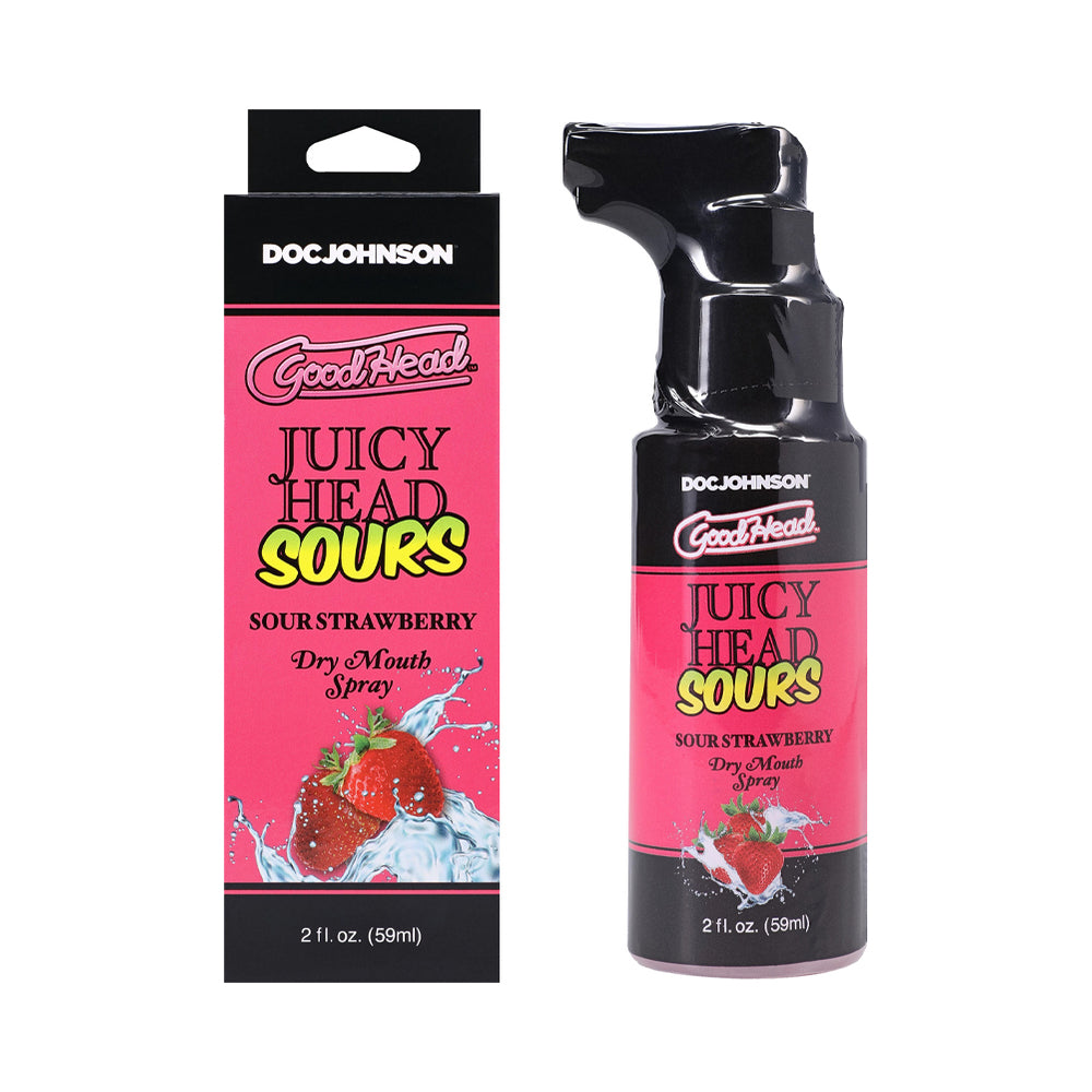 GoodHead Juicy Head Dry Mouth Spray Sour Strawberry 2 oz. GoodHead Juicy Head sour strawberry spray 2 oz black trigger bottle beside pink strawberry carton