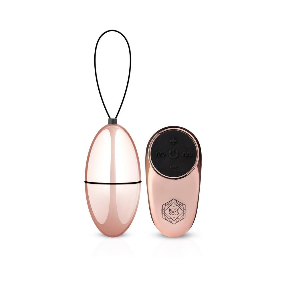 Rosy Gold Nouveau Vibrating Egg rose-gold Nouveau vibrating egg with black wireless remote and retrieval loop