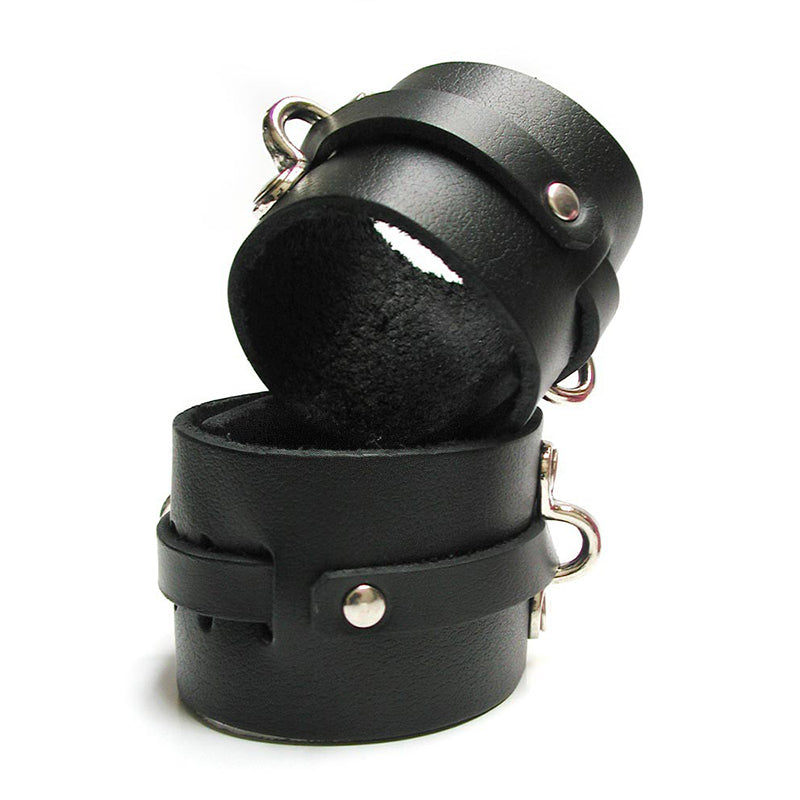 Kinklab Bondage Basics Leather Ankle Cuffs - Black Pair of black Kinklab leather ankle cuffs with silver D-rings