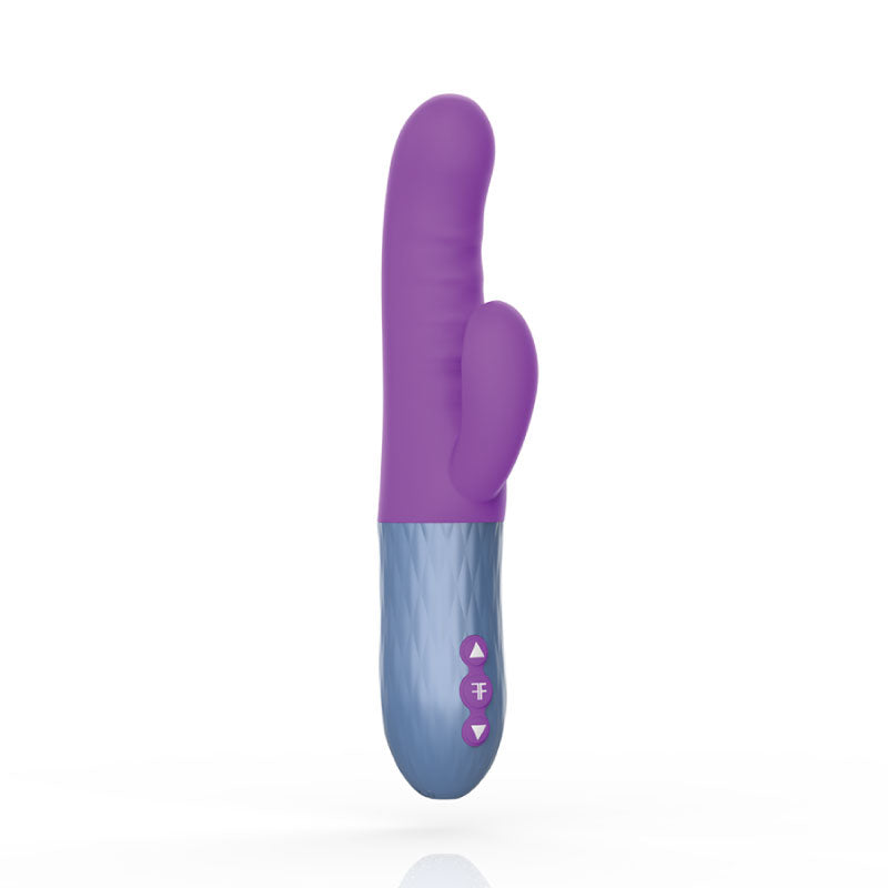 FemmeFunn Essenza Rechargeable Silicone Dual Stimulation Thrusting Vibrator Purple FemmeFunn Essenza purple dual-shaft vibrator with silver-gray handle