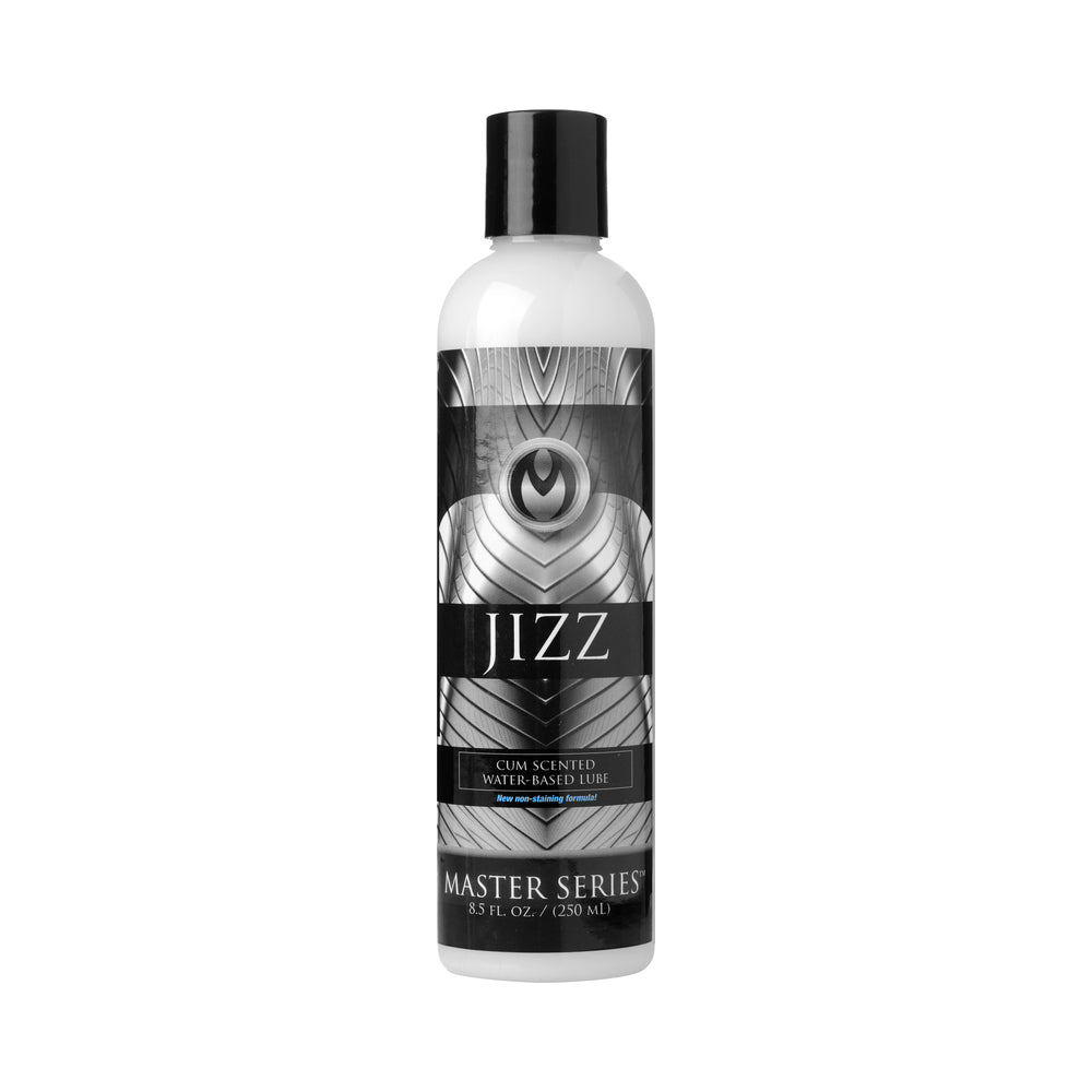 Master Series Jizz Scented Lube 8 oz. Master Series Jizz white lubricant bottle with black cap and monochrome label