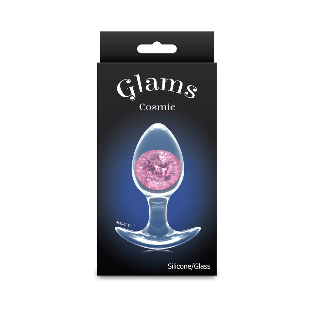 Cosmic Glams Plug Pink M Medium pink Cosmic Glams silicone plug with glitter glass marble on box