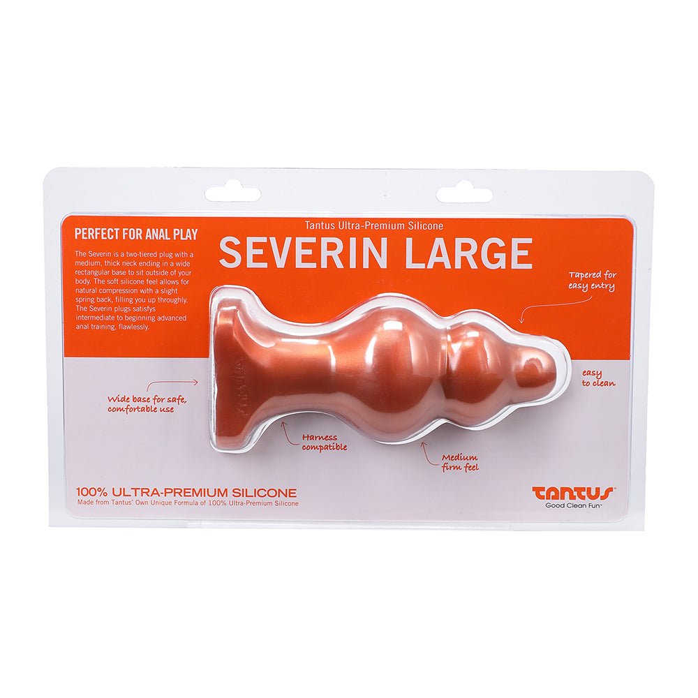 Tantus Severin Large Super Soft Anal Plug Copper Front package of Tantus Severin Large Copper anal plug
