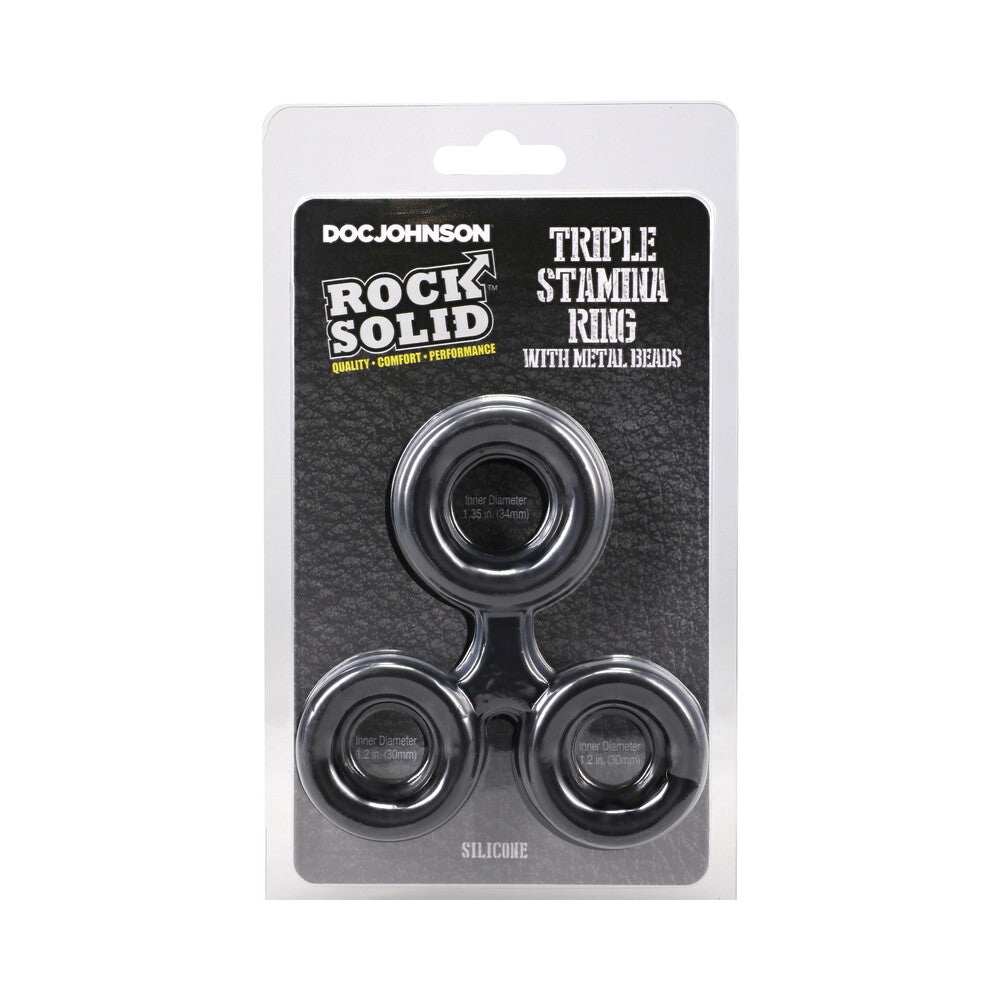 ROCK SOLID Silicone Triple Stamina Ring with Metal Beads Black ROCK SOLID black silicone triple ring front retail package