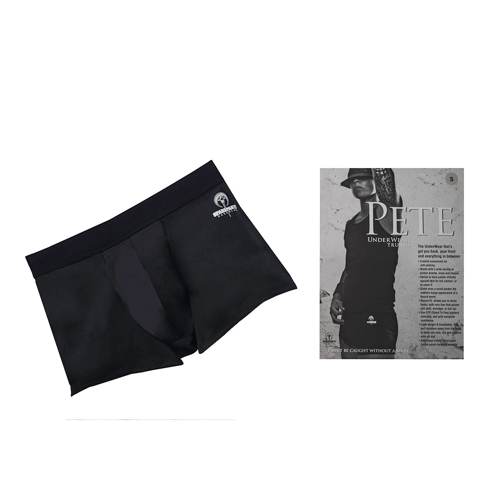SpareParts Pete Trunks Nylon Packing Underwear Black Size 2XL SpareParts Pete trunk black size 2XL black trunk beside Pete packaging