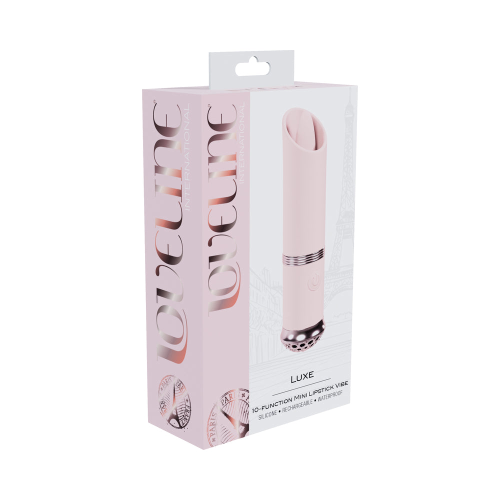 Loveline Luxe Rechargeable Silicone Mini Lipstick Vibrator Pink Pink Loveline Luxe lipstick-style vibrator in pale-pink box