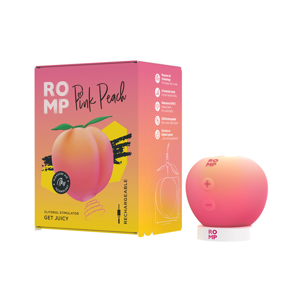 Romp Pink Peach ROMP Pink Peach massager beside orange retail box