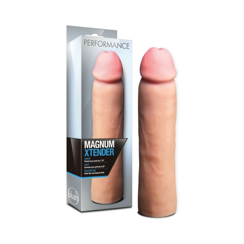 Performance Magnum Xtender 1.75 in. Penis Extender Sleeve Beige Performance Magnum Xtender beige sleeve beside retail box