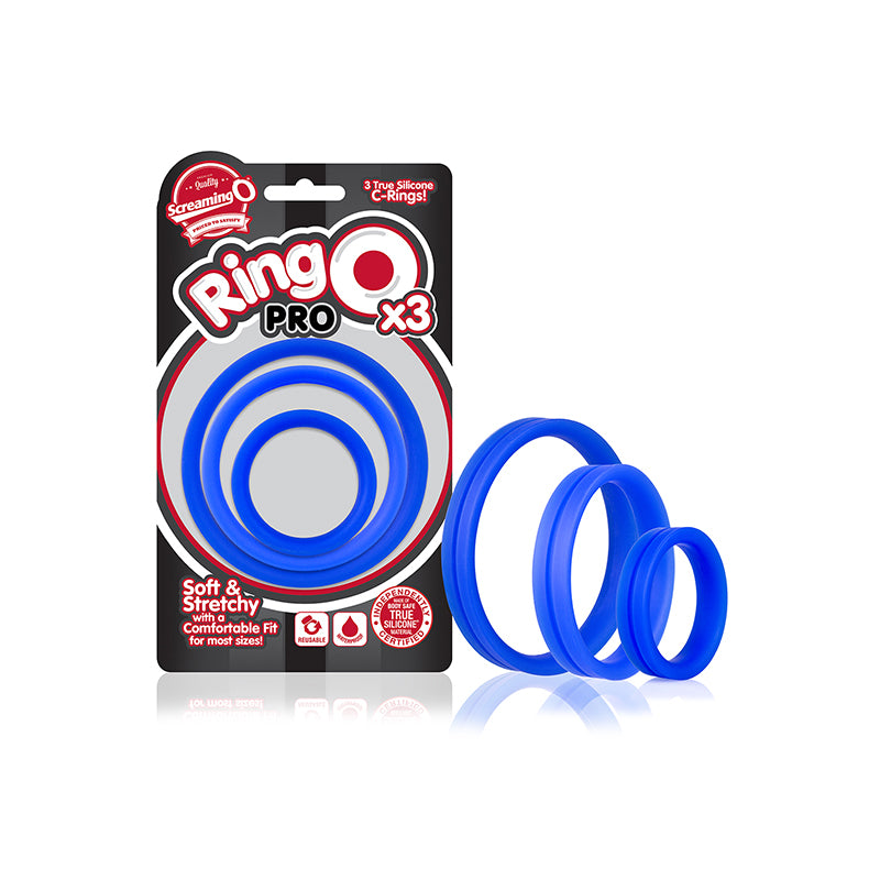 Screaming O RingO Pro x3 - Blue Screaming O RingO Pro Blue Rings 3 Pack three blue graduated rings beside retail card