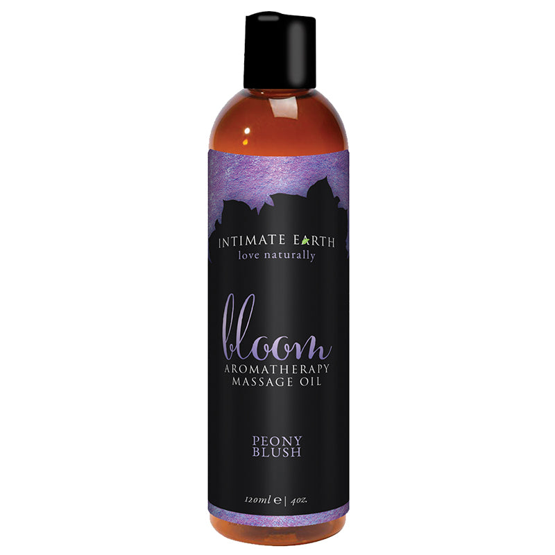 Intimate Earth Bloom Massage Oil 120 ml/4 oz Intimate Earth Bloom Massage Oil amber 4 oz bottle with black peony blush label