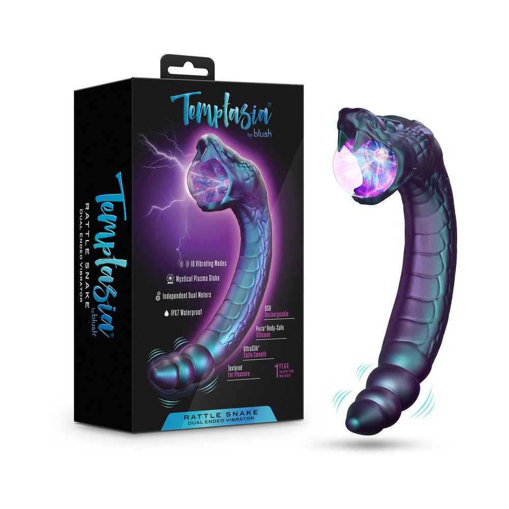 Temptasia Rattle Snake Dark Millenia Dark-teal Rattle Snake plasma vibrator beside black box