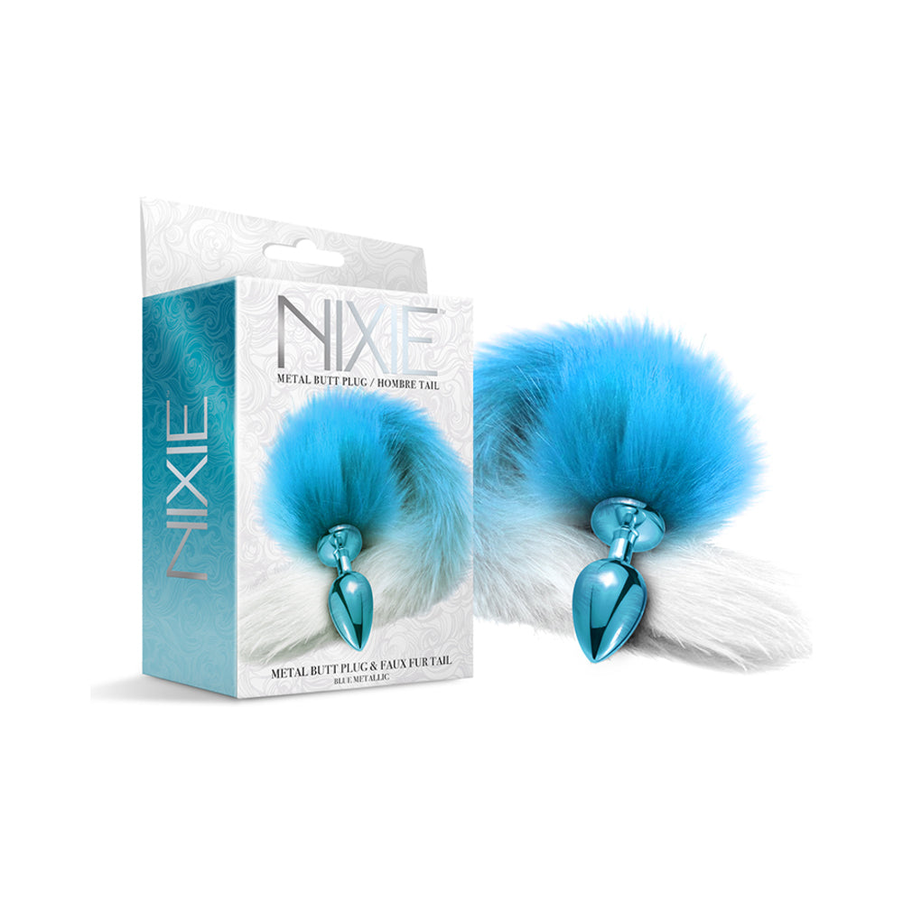 Nixie Metal Butt Plug With Ombre Tail Blue Metallic Nixie blue ombre tail plug beside turquoise retail box