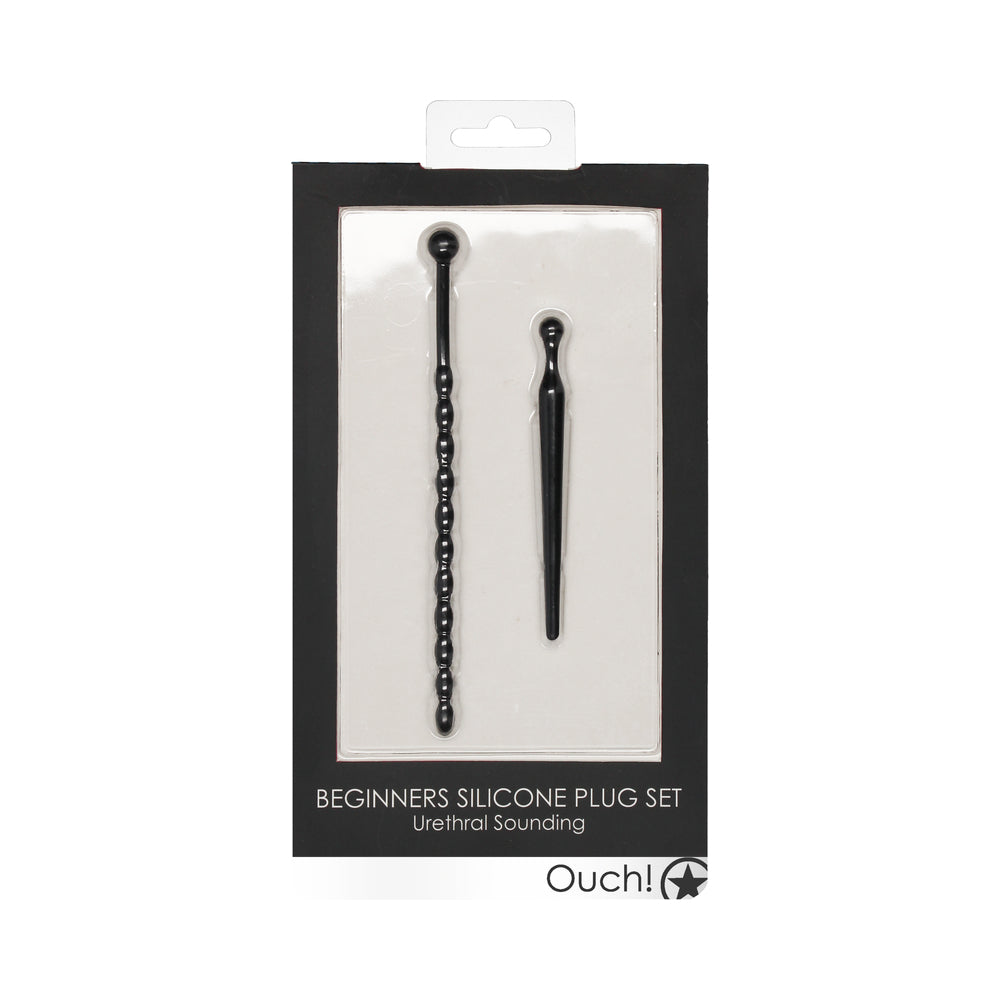 Ouch! Urethral Sounding Beginners Silicone Plug Set Black 8 mm / 10 mm Ouch black two-piece silicone plug set retail pack