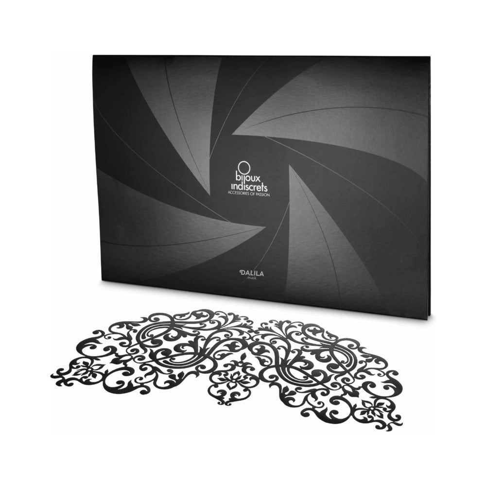 Bijoux Indiscrets Dalila Decal Eye Mask ornate black Dalila vinyl eye-mask decal displayed below a black Bijoux Indiscrets envelope