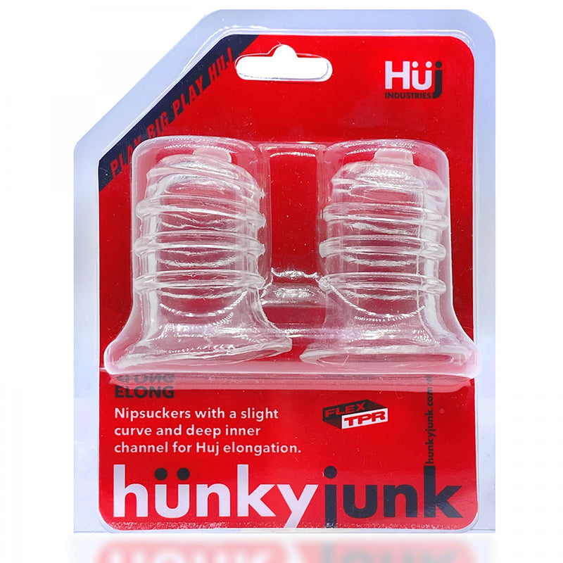 hunkyjunk ELONG Wide-Base Nipsucker Clear Two clear Hunkyjunk ELONG ribbed nipple suckers in red retail pack