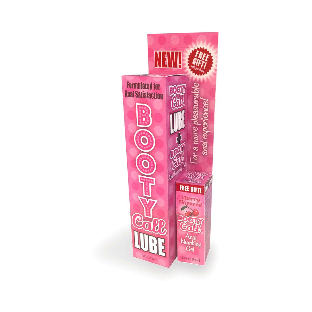 Booty Call Lube Duo 4 oz. Lube & 10ml Cherry Numbing Gel Booty Call Lube Duo in tall pink retail carton