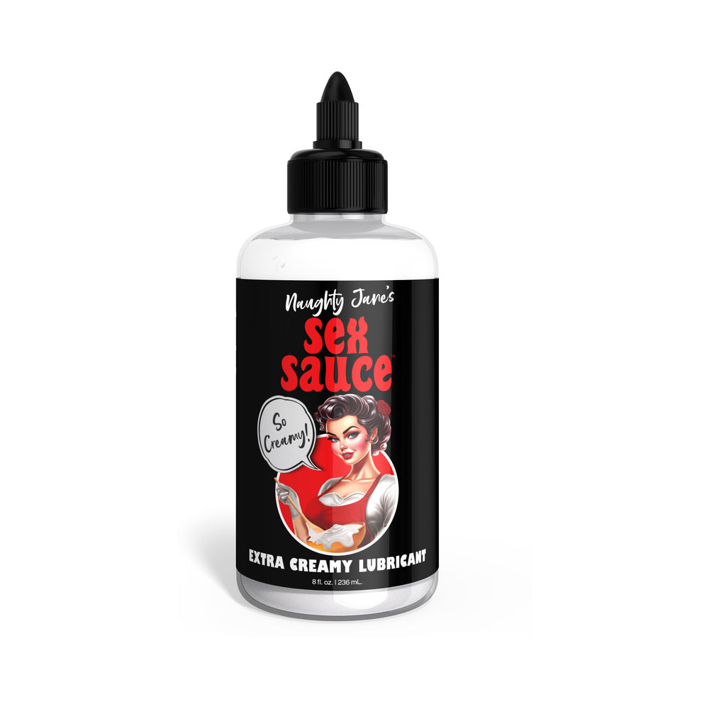 Naughty Jane''s Sex Sauce Extra Creamy Lubricant 8 oz. Naughty Jane's Sex Sauce Extra Creamy 8-ounce lubricant in clear squeeze bottle with black pointed cap