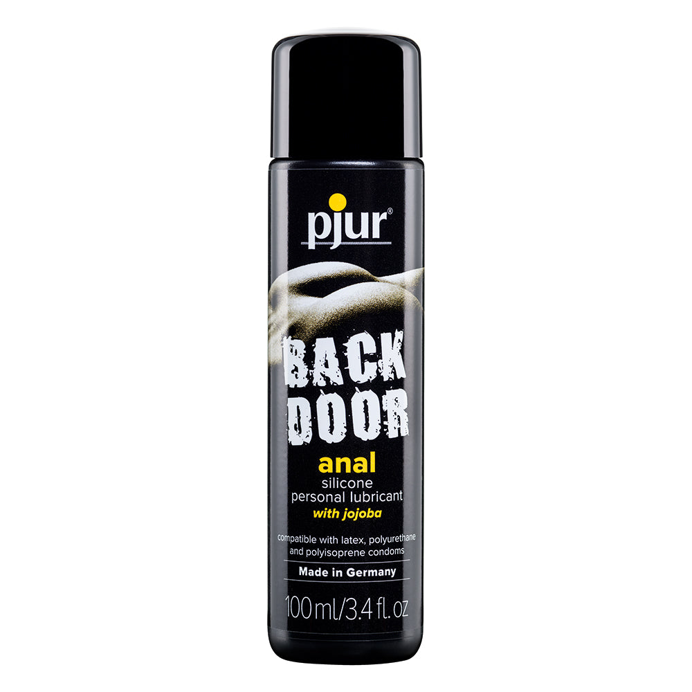 pjur Back Door Silicone Anal Lubricant with Jojoba 3.4 oz. Black 100 ml pjur Back Door silicone anal lubricant bottle with silver cap and white label