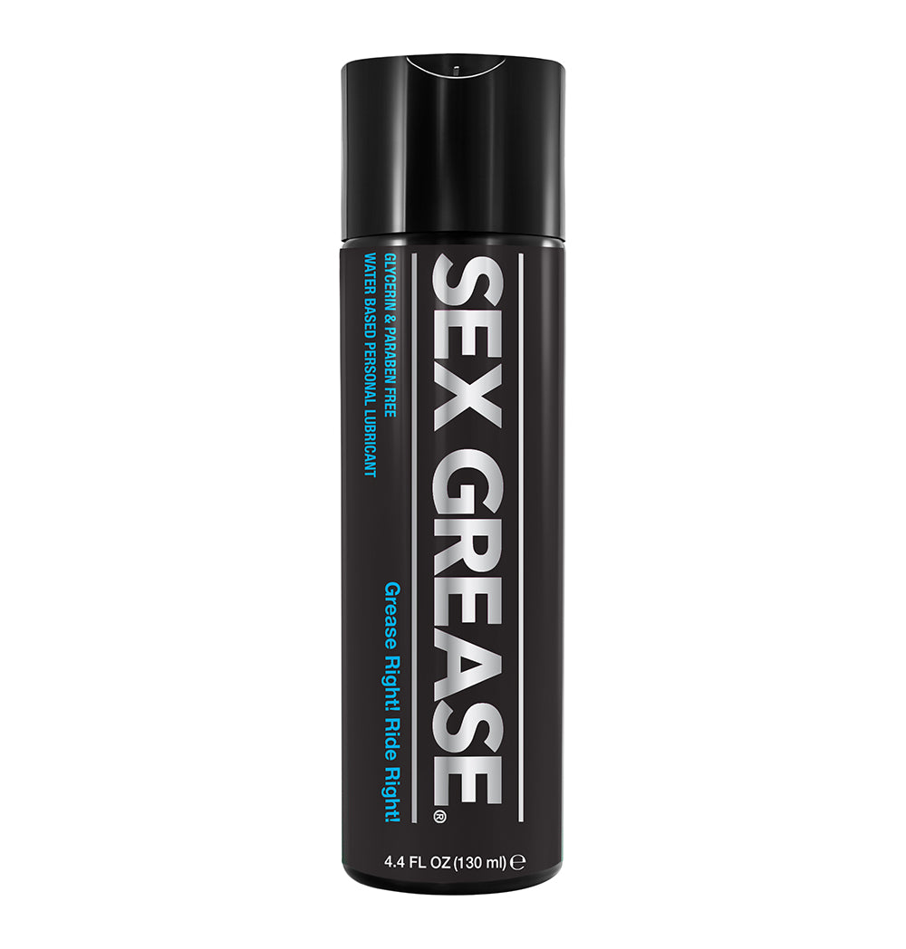 Sex Grease Water Based Lubricant 4.4 oz. Bottle SexGrease clear 4.4 oz water-based lubricant tall black pump bottle with blue label