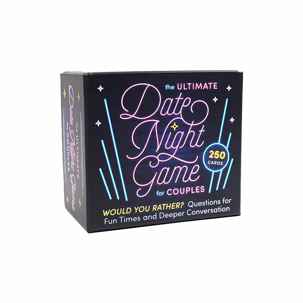 The Ultimate Date Night Game for Couples: Would You Rather? Cards black Ultimate Date Night Game box with neon script and 250 card badge