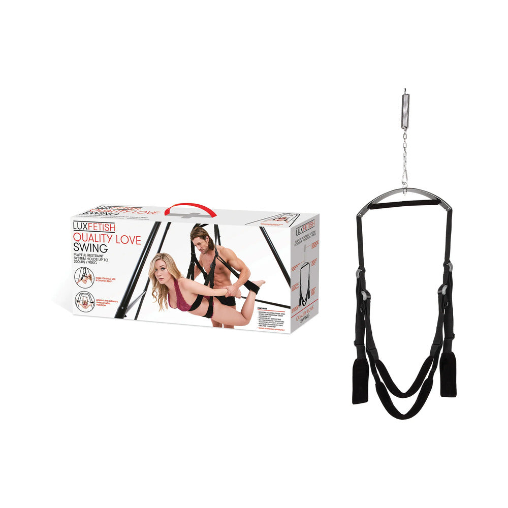Lux Fetish Fantasy Swing Black Lux Fetish Fantasy Swing components displayed beside white retail box