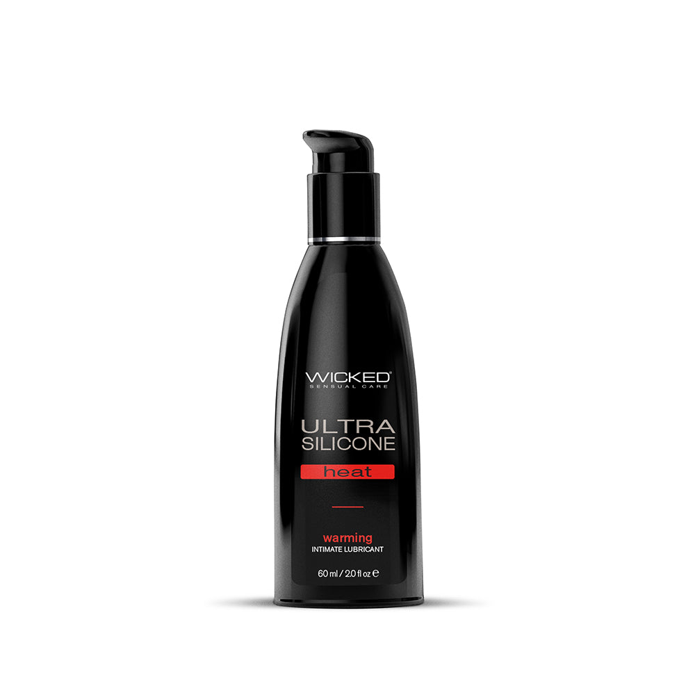 Wicked Ultra Heat Warming Silicone Lubricant 2 oz. Wicked Ultra Heat 2 oz black pump bottle front with red Heat panel