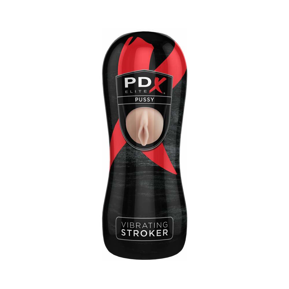 PDX Elite Vibrating Stroker Pussy Beige/Black Front view of PDX Elite black vaginal stroker