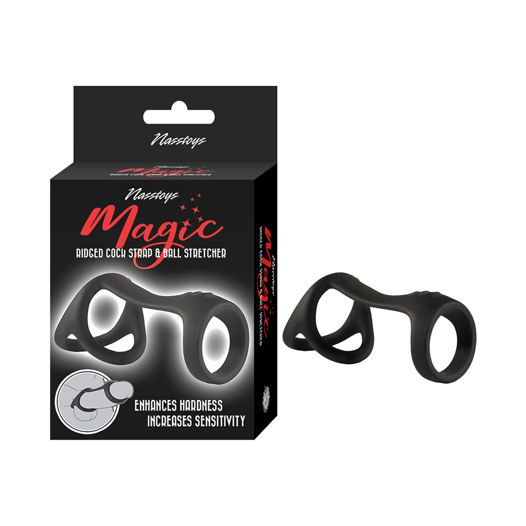 Magic Ridged Cock Strap&Ball Stretcher Black Black Nasstoys Magic ridged cock strap and ball stretcher beside box