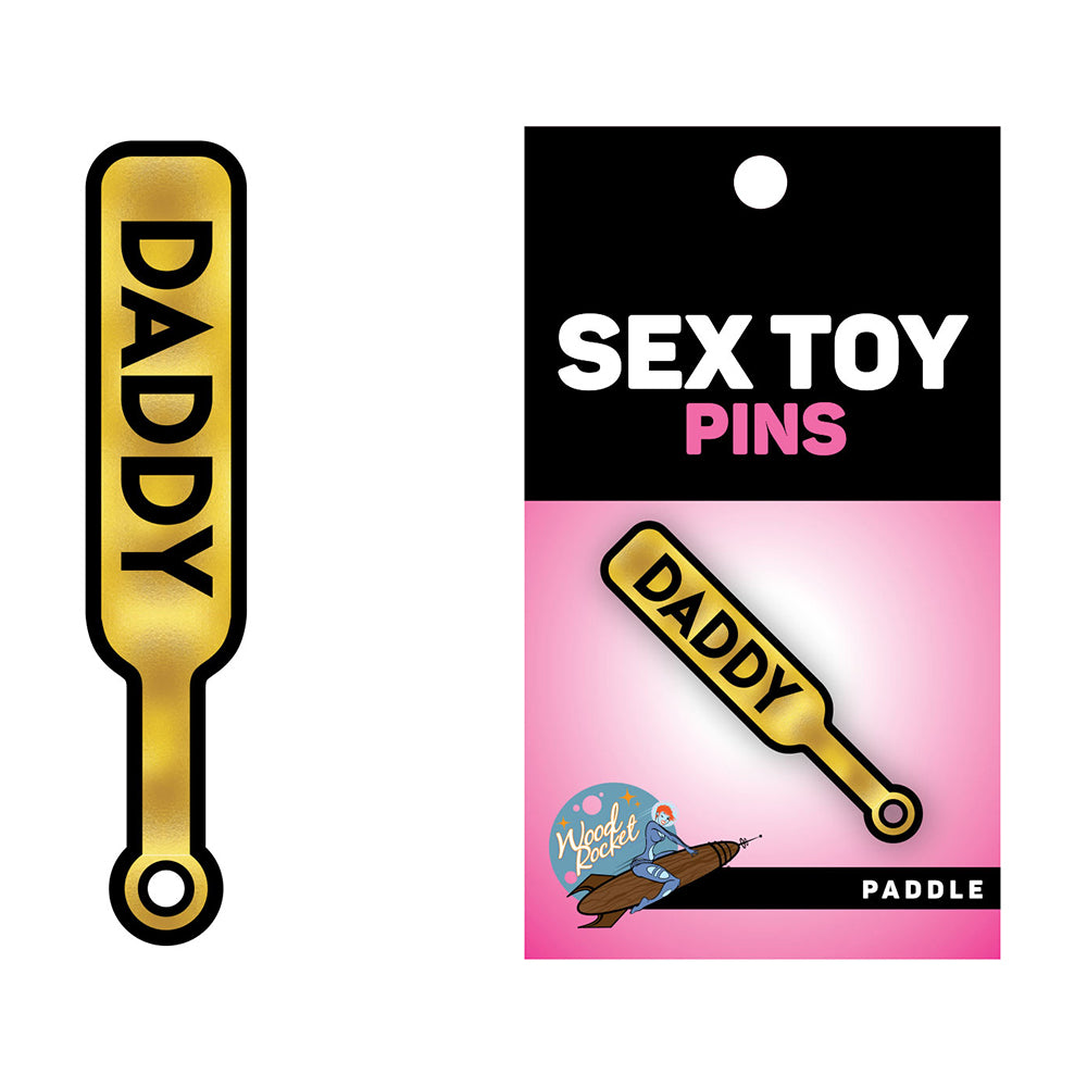 Sex Toy Pin Daddy Paddle Daddy Paddle gold and black enamel pin on retail card