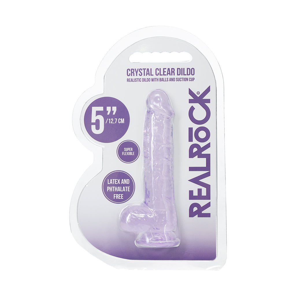 RealRock Realistic 5 in. Dildo with Balls Purple RealRock 5-inch translucent purple dildo with balls in retail pack