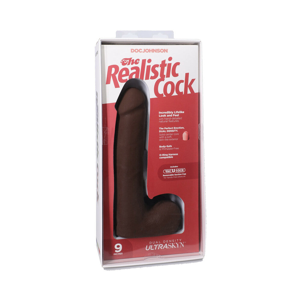 The Realistic Cock 9 in. ULTRASKYN Vac-U-Lock Dildo with Balls Chocolate 9-inch chocolate Realistic Cock ULTRASKYN dildo with balls in red window case