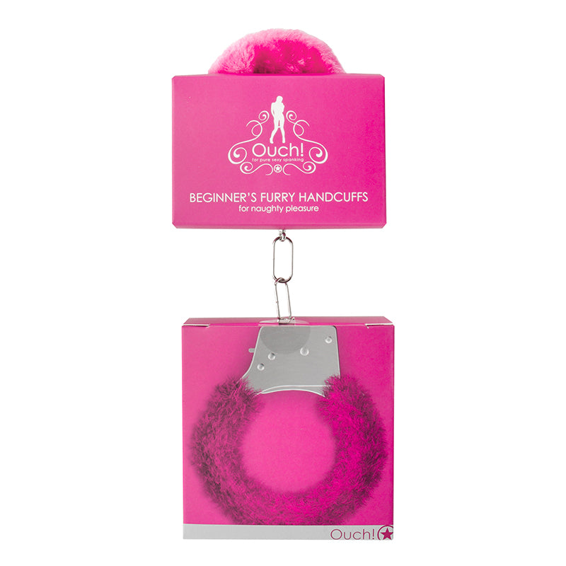 Ouch! Beginner''s Furry Handcuffs With Quick-Release Pink Pink Ouch Beginner furry metal handcuffs in clear-front retail package