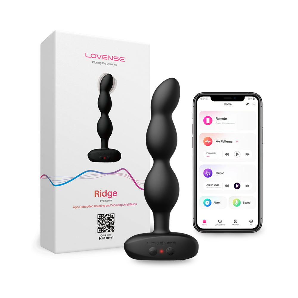 Lovense Ridge Vibrating and Rotating Anal Beads black Lovense Ridge three-bead vibrator beside white box and Lovense Remote app screen
