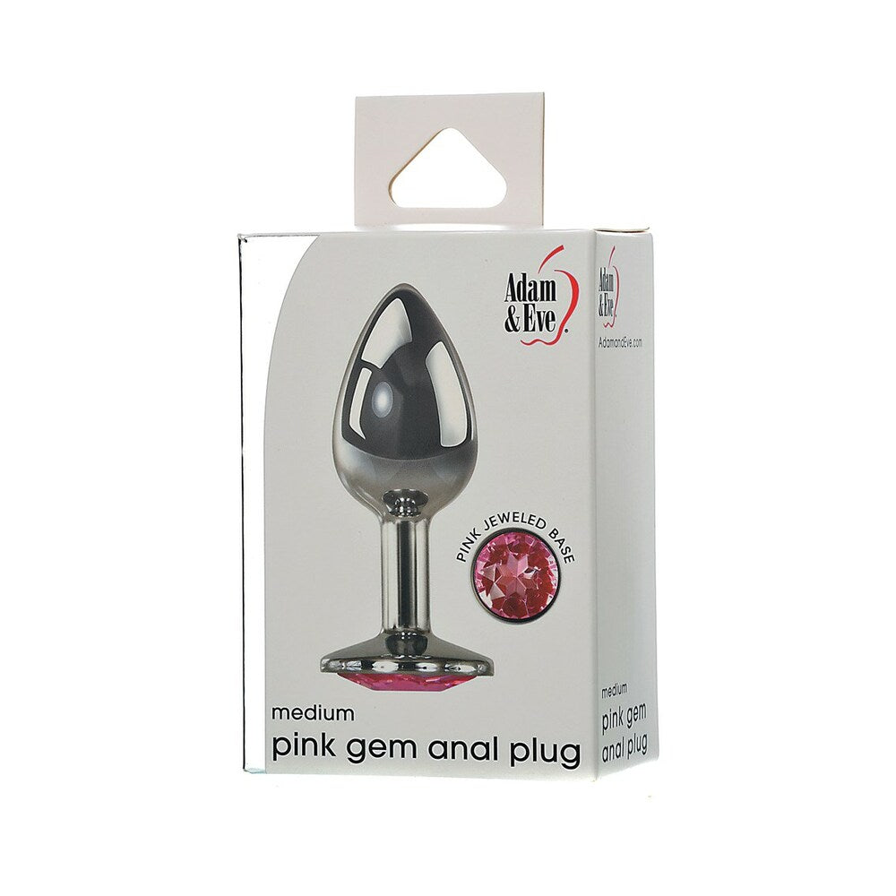 Adam & Eve Pink Gem Anal Plug Medium Adam & Eve Pink Gem Medium metal anal plug shown inside white retail box