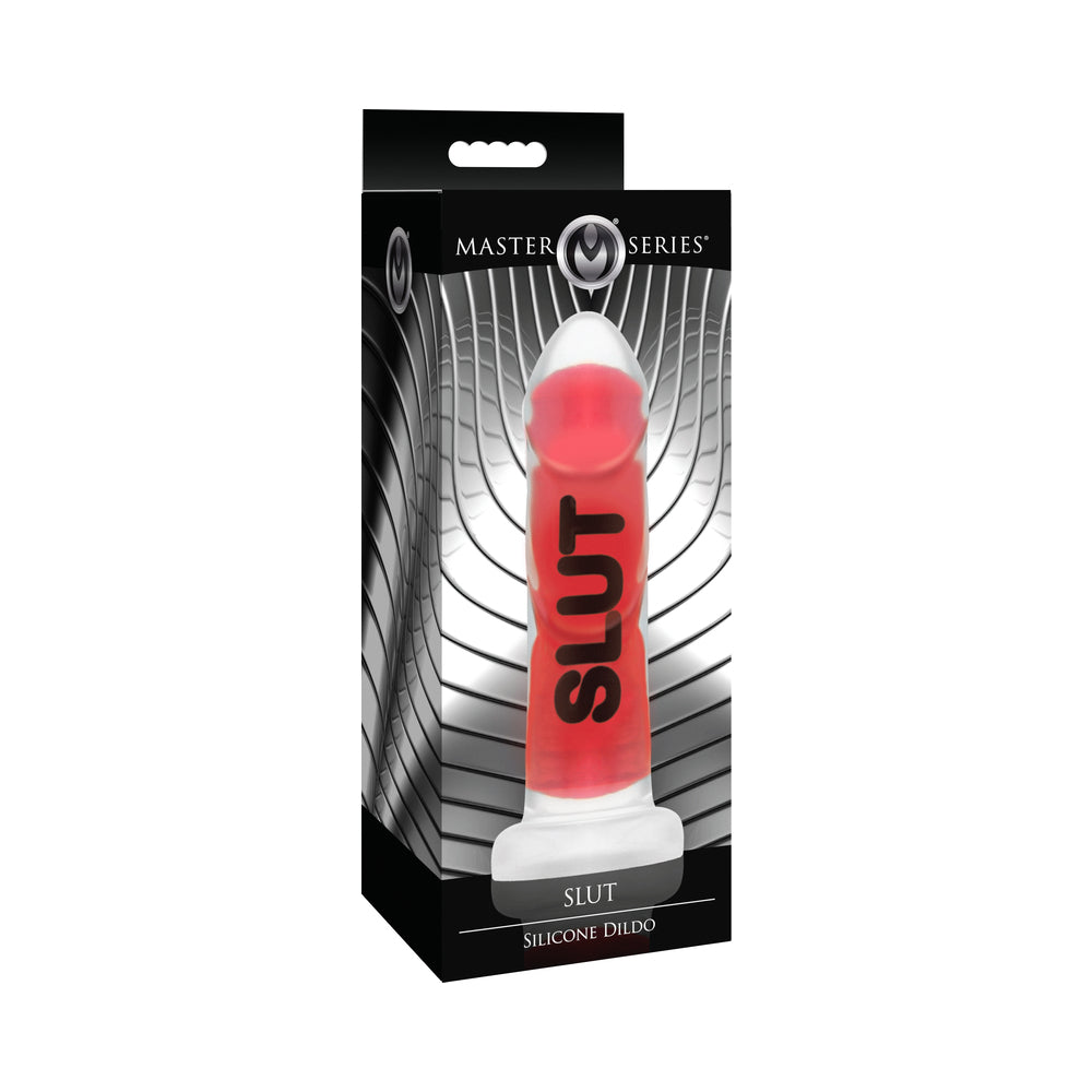 Master Series SLUT Silicone Dildo Master Series red SLUT ribbed silicone dildo in black box
