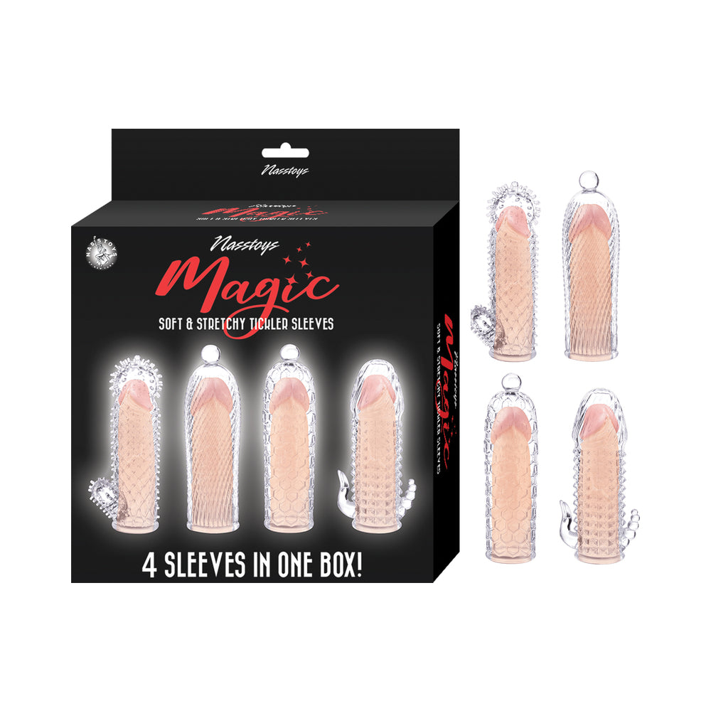 Magic Soft & Stretchy Tickler Sleeves Clear Four clear Nasstoys Magic textured tickler sleeves beside black box