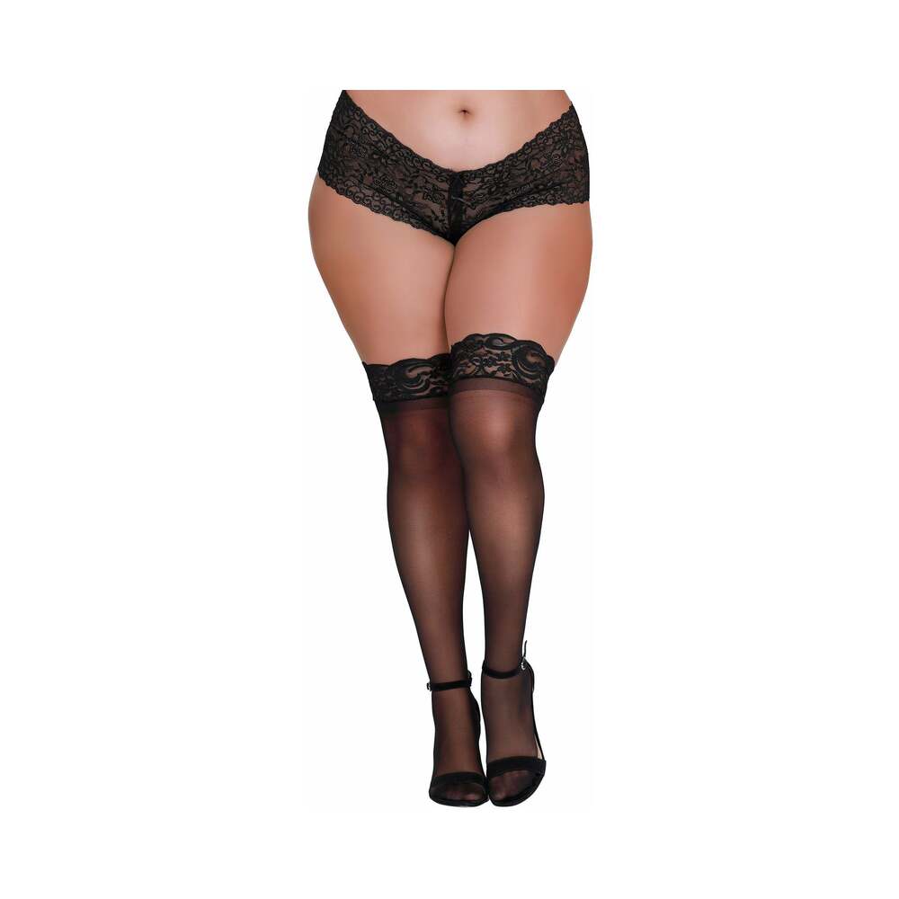 Dreamgirl Plus-Size Sheer Thigh-High Stockings With Silicone Lace Top Black Queen Front view of plus-size black sheer thigh highs with lace tops