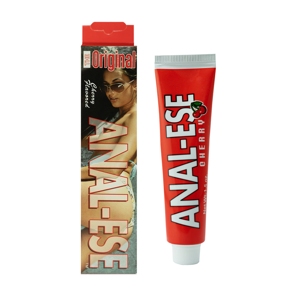 Anal-Ese Desensitizing Lubricant Cherry 1.5 oz. Nasstoys Anal-Ese Cherry red squeeze tube beside black retail carton