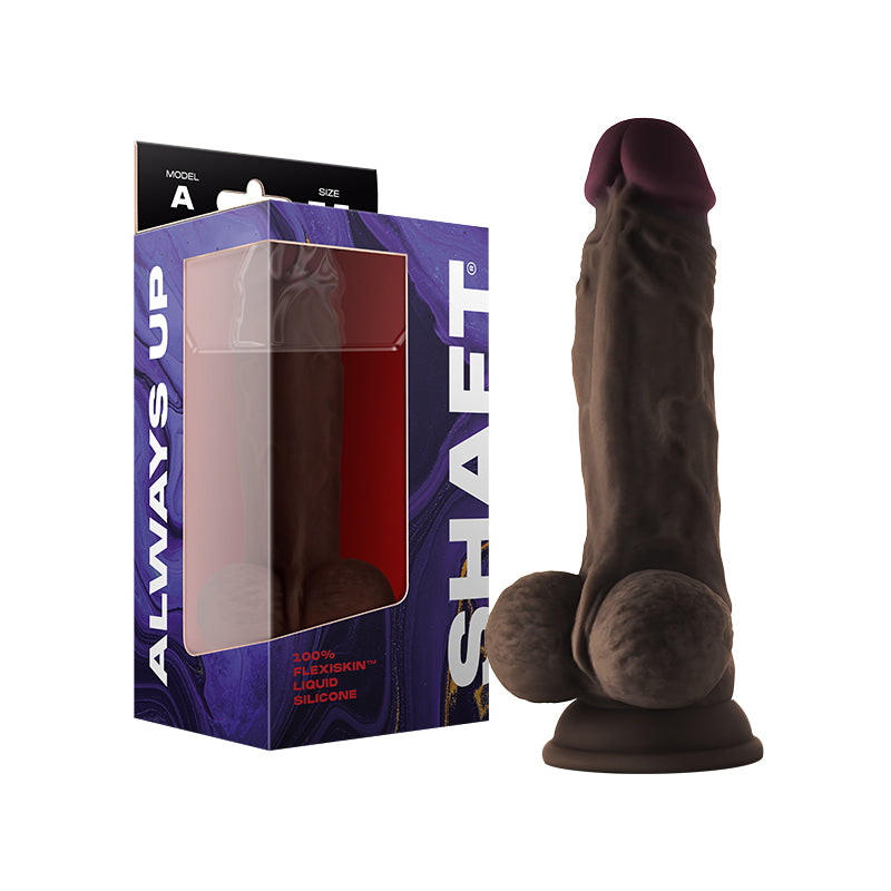 Shaft Model A: 7.5 in. Dual Density Silicone Dildo with Balls Mahogany Shaft Model A Mahogany 7.5-inch dildo beside retail box
