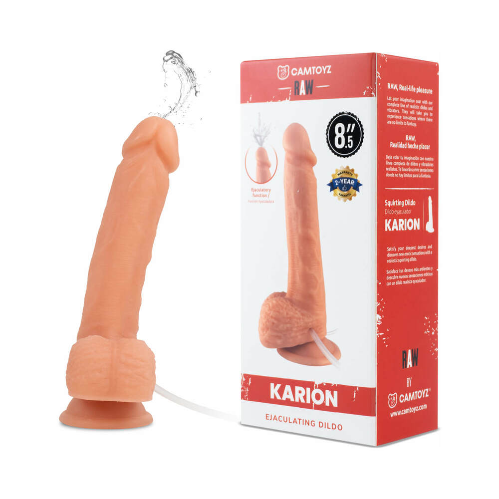 Camtoyz Realistic Squirting Dildo Karion Camtoyz Karion beige squirting dildo beside red and white retail box