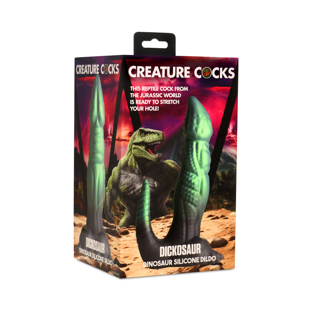 Creature Cocks Dickosaur Dinosaur Silicone Dildo Creature Cocks Dickosaur green creature dildo with dinosaur base pictured in black prehistoric box